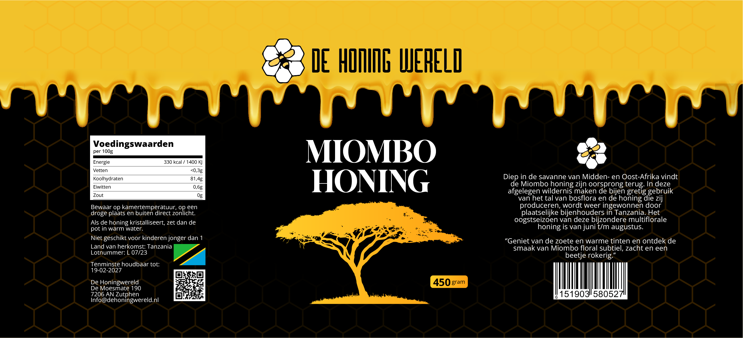 Miombo honing etiket 450 gram van De Honing Wereld