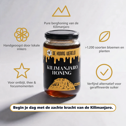 Pot Kilimanjaro-honing van De Honing Wereld met product kenmerken over herkomst, smaak en gebruik
