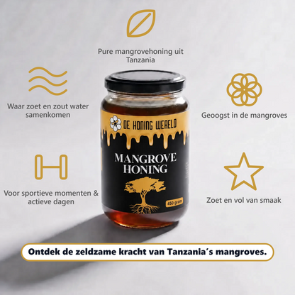 Pot Mangrove-honing van De Honing Wereld met product kenmerken over herkomst, smaak en gebruik