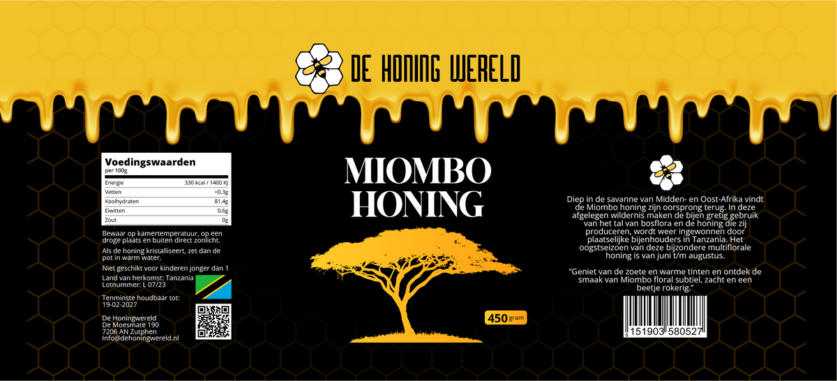 Miombo honing etiket 450 gram van De Honing Wereld