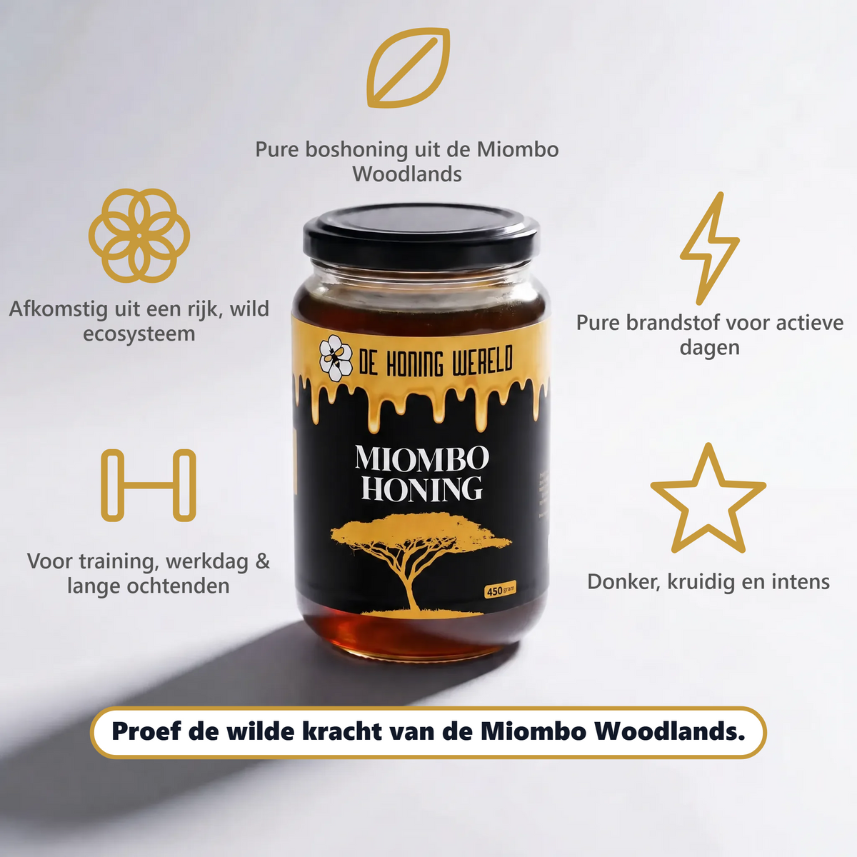 Pot Miombo-honing van De Honing Wereld met product kenmerken over herkomst, smaak en gebruik