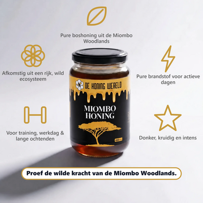 Pot Miombo-honing van De Honing Wereld met product kenmerken over herkomst, smaak en gebruik